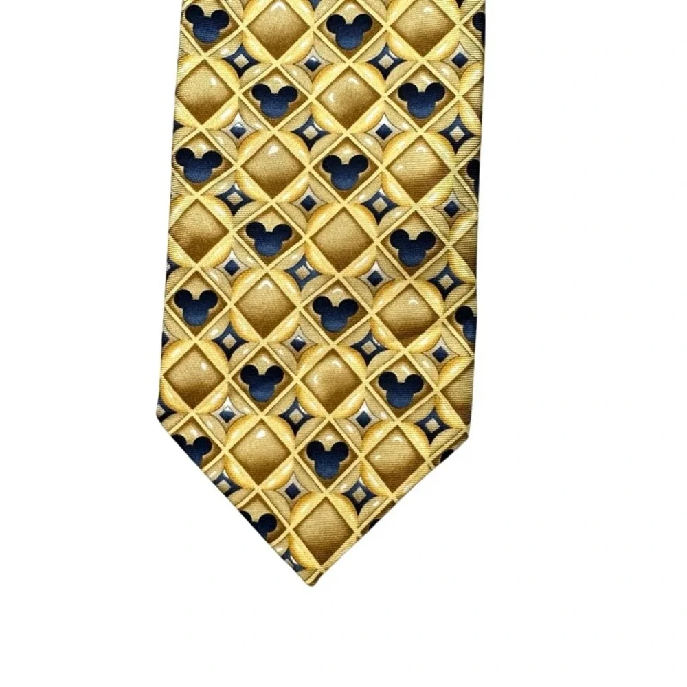 Disney Parks Mickey Mouse Gold Navy Geometric Diamond 100% Silk Mens Necktie Tie